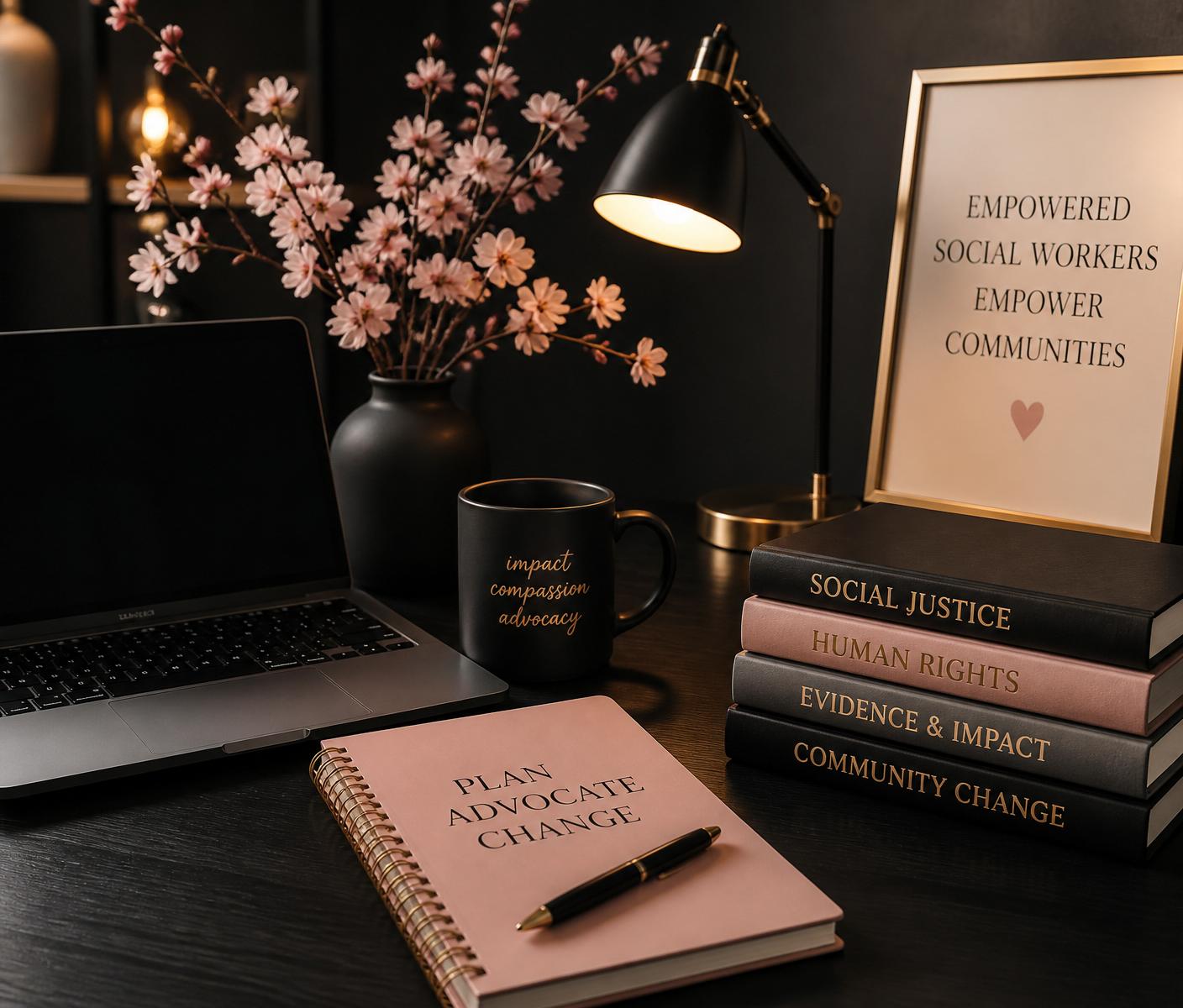 Faceless workspace featuring a laptop, pink notebook, black mug, books on social justice, gold lamp, and a framed print reading Empowered Social Workers Empower Communities.