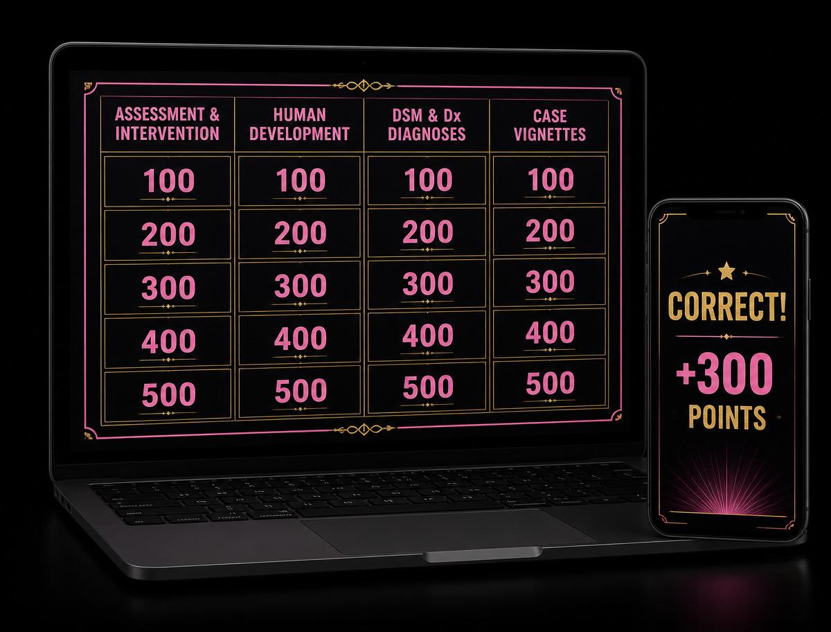 Laptop and phone mockup of the Social Work Confidential ASWB study game